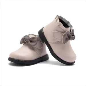 Baby Girls' Soft Leather Ankle Boots Non-slip with Bow Booties for Infant Toddler 9-24 Months First Walking Shoes