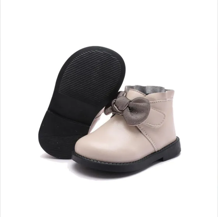 Baby Girls' Soft Leather Ankle Boots Non-slip with Bow Booties for Infant Toddler 9-24 Months First Walking Shoes