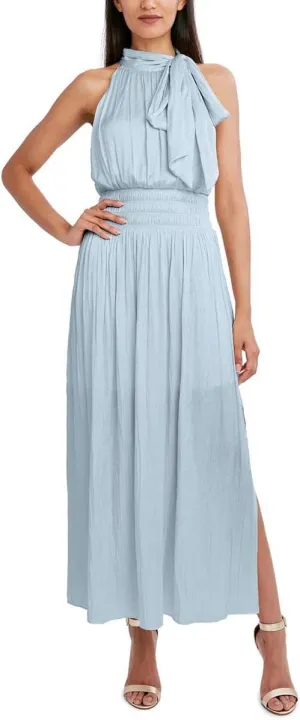 BCBGMAXAZRIA Women's Fit and Flare Maxi Dress Sleeveless Smocked Waist Halter Neck Bow Detail
