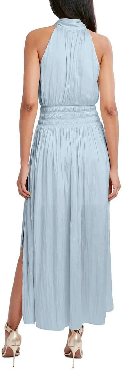 BCBGMAXAZRIA Women's Fit and Flare Maxi Dress Sleeveless Smocked Waist Halter Neck Bow Detail