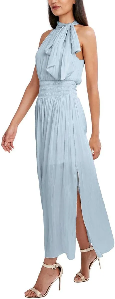 BCBGMAXAZRIA Women's Fit and Flare Maxi Dress Sleeveless Smocked Waist Halter Neck Bow Detail