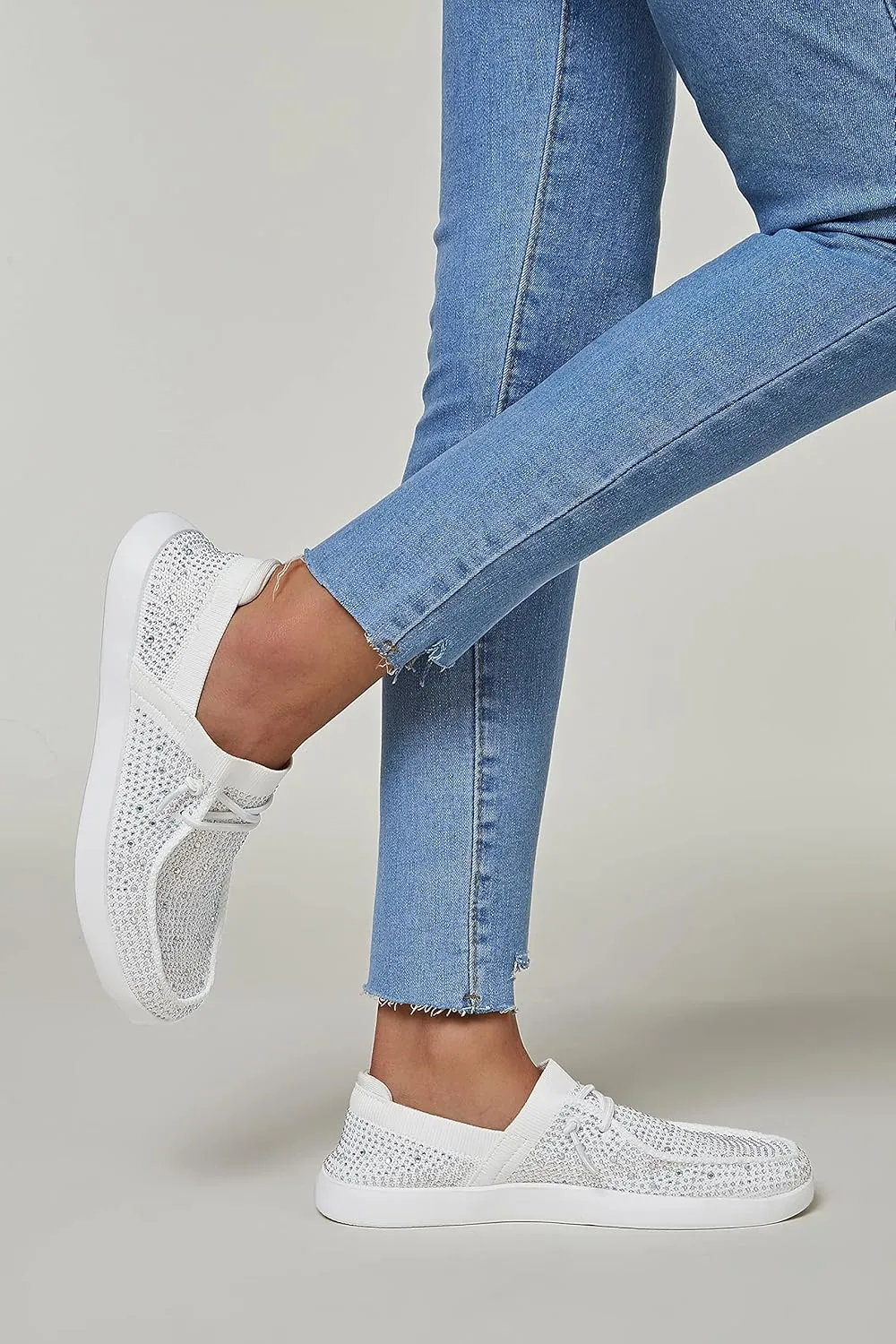 BELOS Women's Rhinestone Lace Up Loafers Shoes Comfortable Slip On Mesh Knit Walking Shoes Fashion Lightweight Sparkly Glitter Sneaker