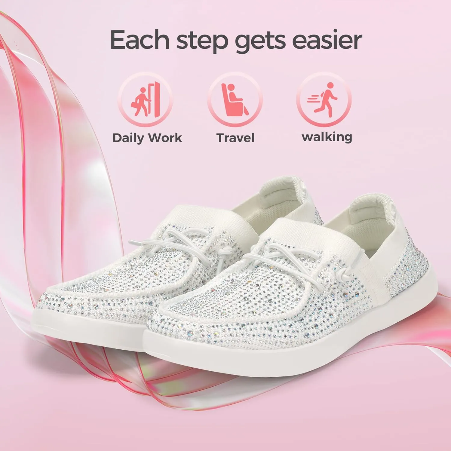 BELOS Women's Rhinestone Lace Up Loafers Shoes Comfortable Slip On Mesh Knit Walking Shoes Fashion Lightweight Sparkly Glitter Sneaker