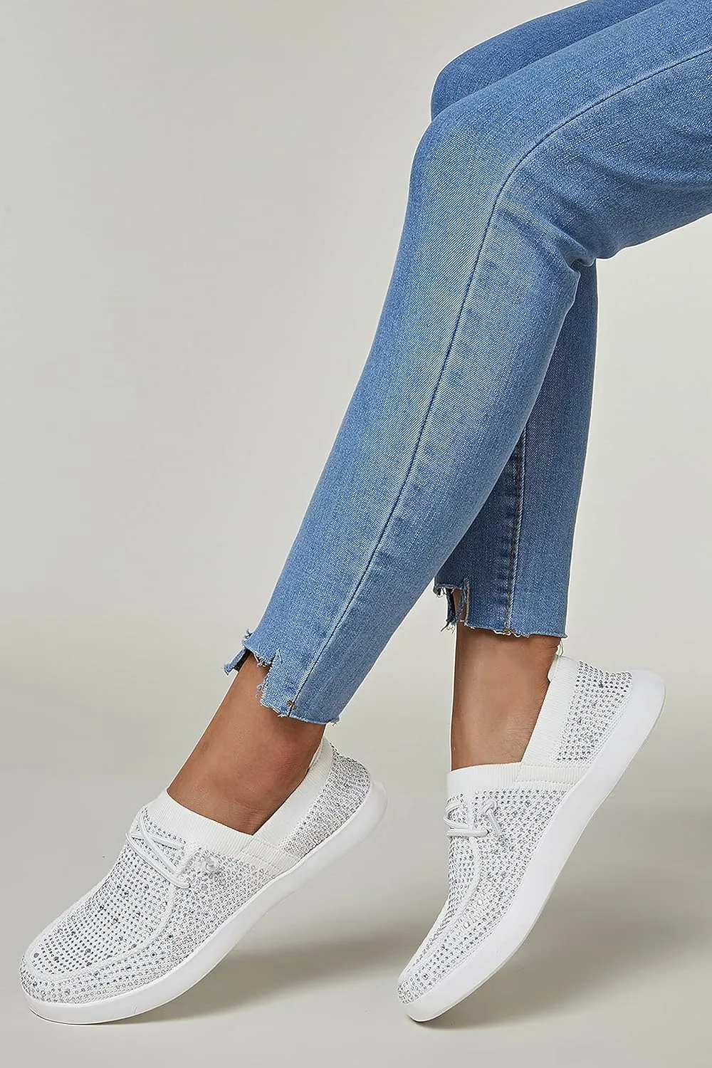 BELOS Women's Rhinestone Lace Up Loafers Shoes Comfortable Slip On Mesh Knit Walking Shoes Fashion Lightweight Sparkly Glitter Sneaker