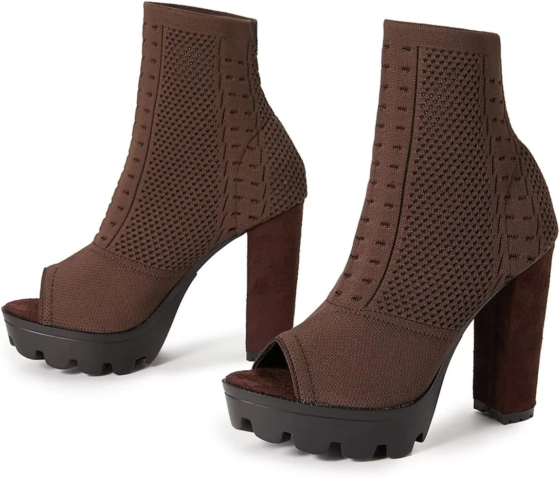 Betastella Women's Platform Chunky Peep Toe Summer Booties High Block Heel Stretch Ankle Boots Sandals