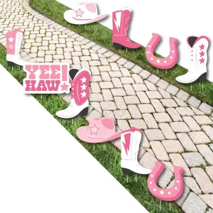 Big Dot of Happiness Rodeo Cowgirl - Cowboy Boots, Hat, and Horseshoe Lawn Decorations - Outdoor Pink Western Party Yard Decorations - 10 Piece