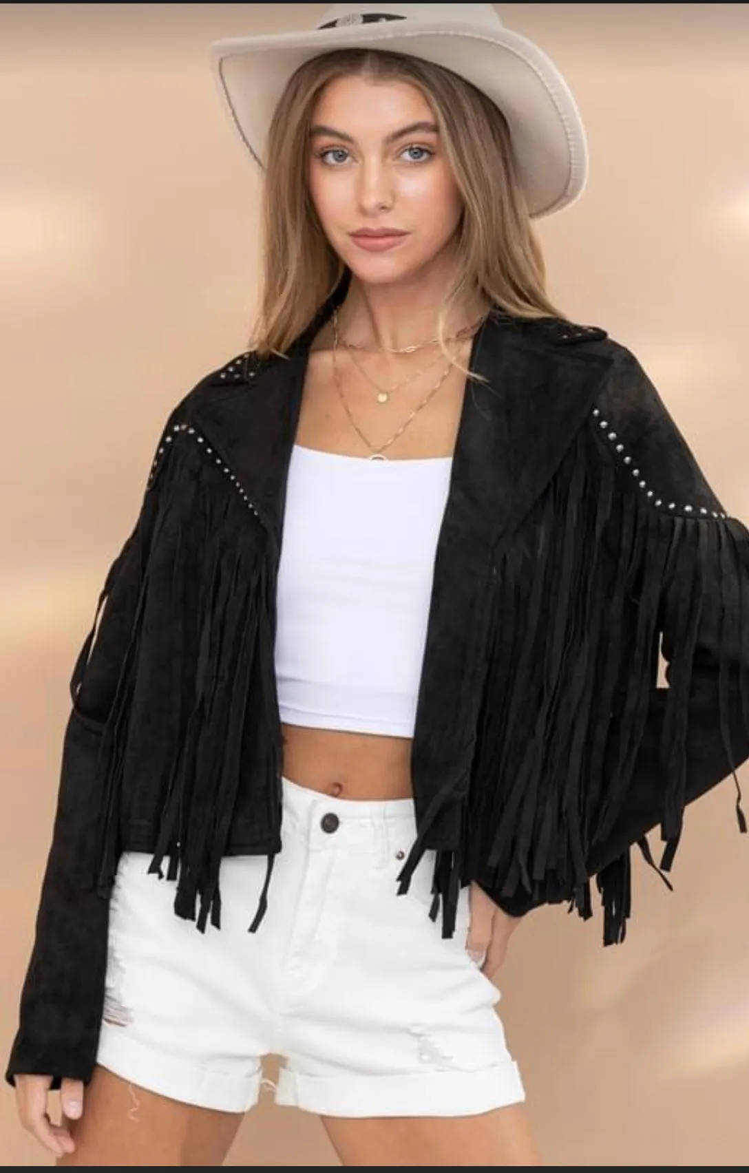 Black Suede Studded Mini Crop Fringe Western Jacket