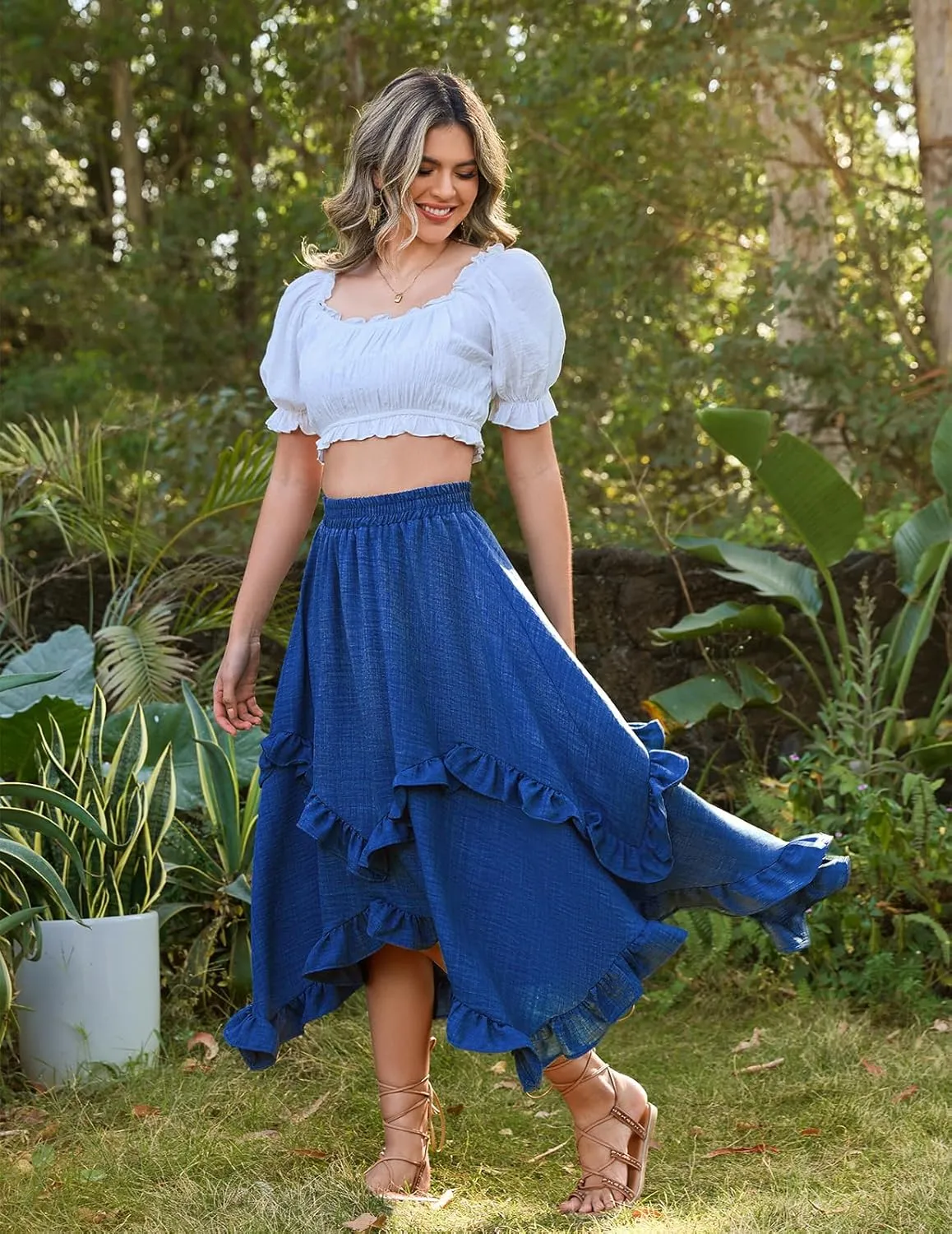 Bridesmay Renaissance Fairy Skirt 2025 Asymmetrical Ruffle Hem Elastic Waisted Long Maxi Skirts for Women