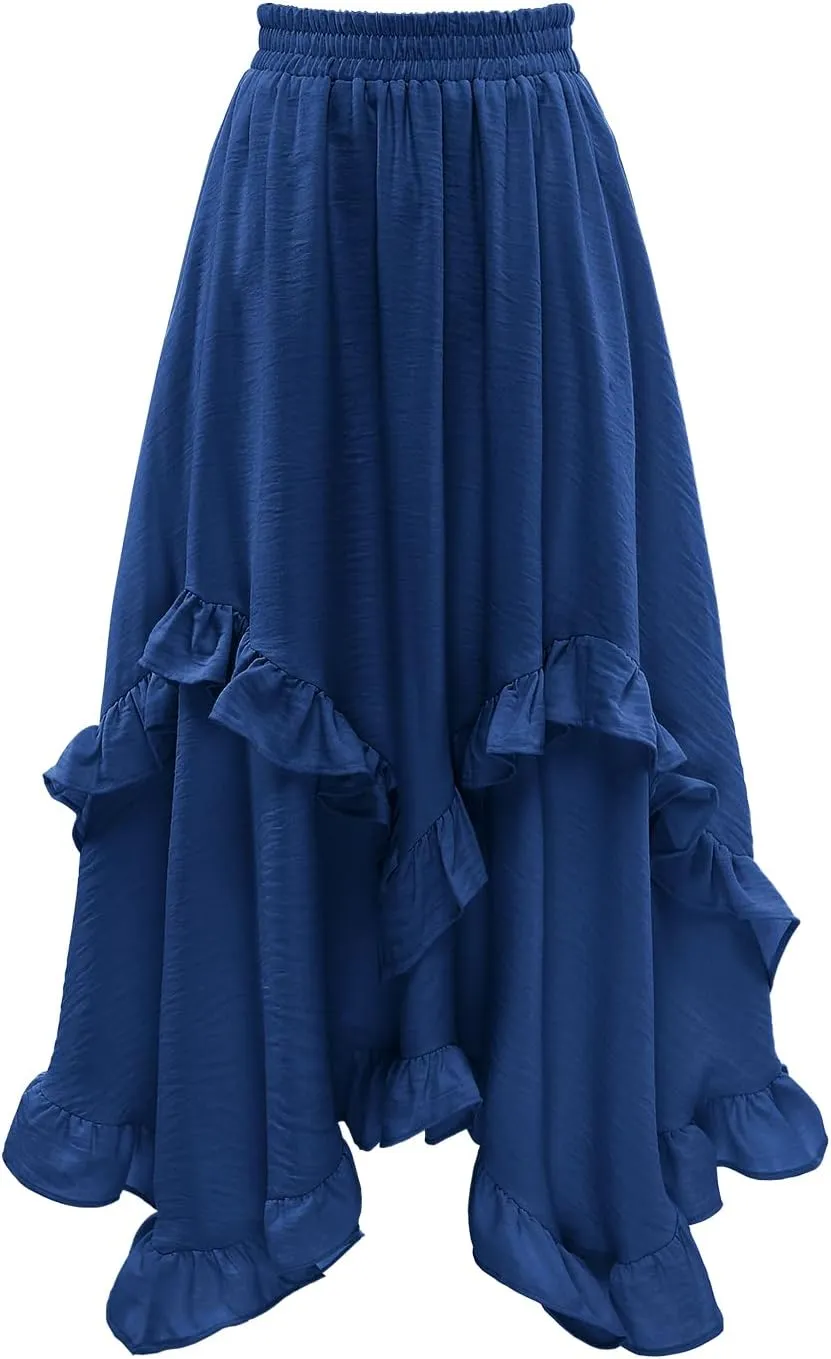 Bridesmay Renaissance Fairy Skirt 2025 Asymmetrical Ruffle Hem Elastic Waisted Long Maxi Skirts for Women