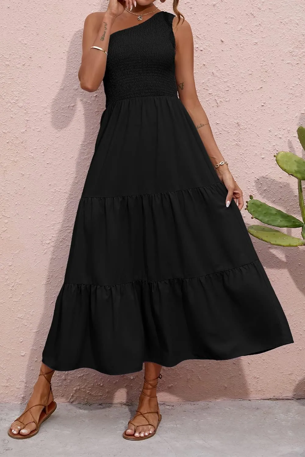 BTFBM 2025 Summer One Shoulder Dresses for Women Casual Sleeveless High Waist Floral Flowy Smocked Boho Beach Maxi Dress
