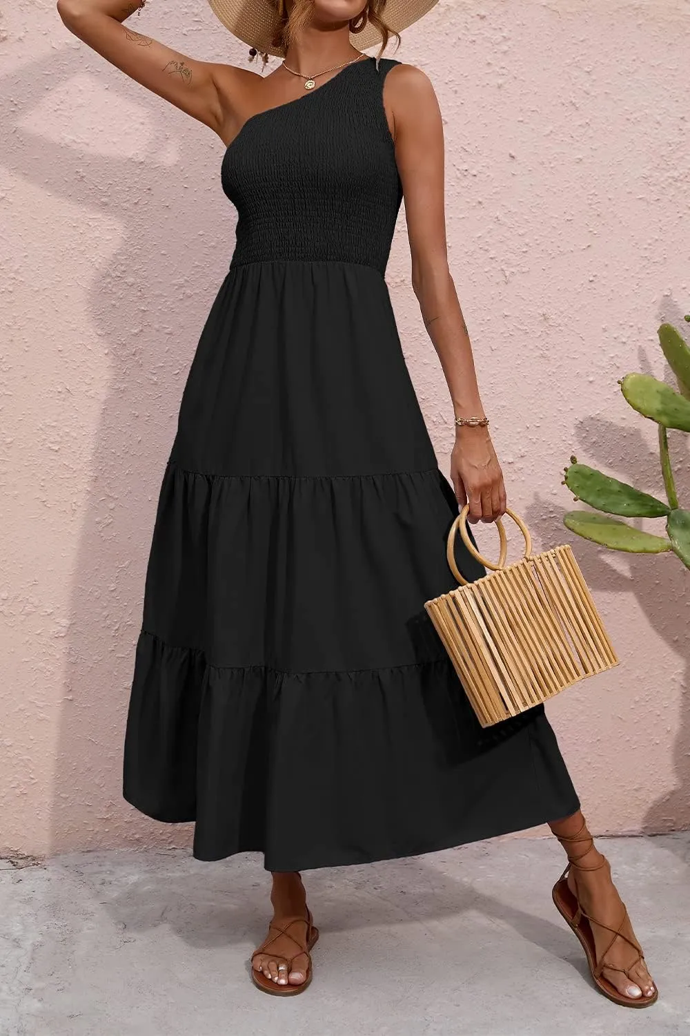 BTFBM 2025 Summer One Shoulder Dresses for Women Casual Sleeveless High Waist Floral Flowy Smocked Boho Beach Maxi Dress