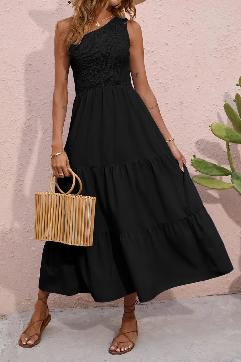 BTFBM 2025 Summer One Shoulder Dresses for Women Casual Sleeveless High Waist Floral Flowy Smocked Boho Beach Maxi Dress