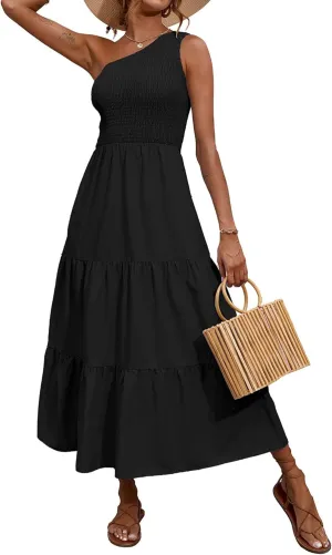 BTFBM 2025 Summer One Shoulder Dresses for Women Casual Sleeveless High Waist Floral Flowy Smocked Boho Beach Maxi Dress