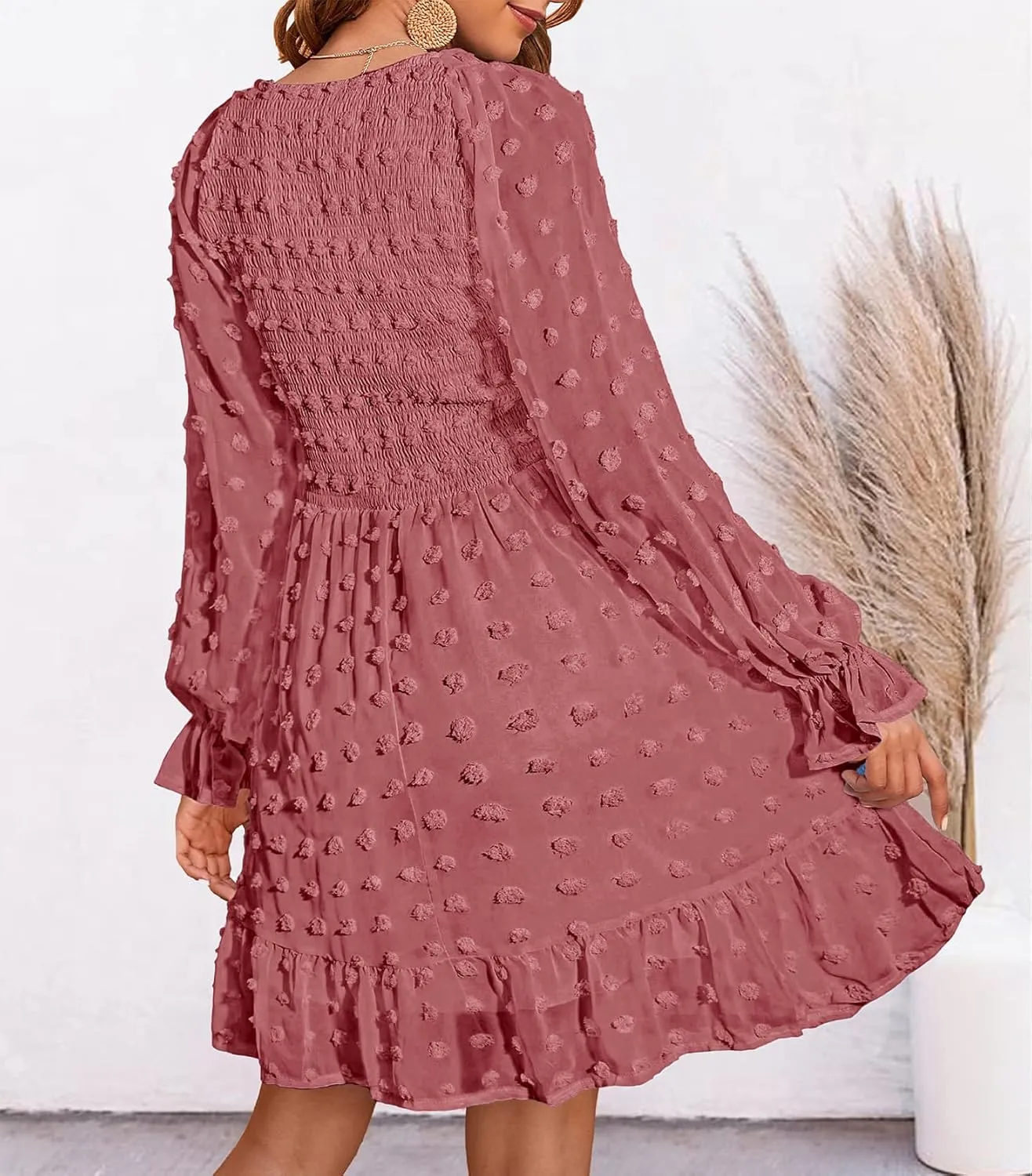 BTFBM Women Smocked Short Dress V Neck Long Sleeve Casual Swiss Dot Ruffle Chiffon Flowy Mini Summer Spring Dresses 2025