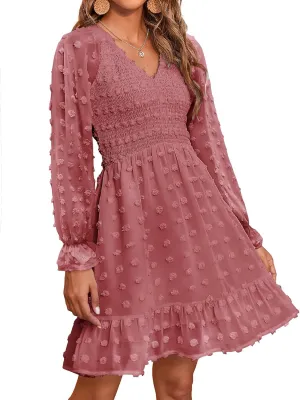 BTFBM Women Smocked Short Dress V Neck Long Sleeve Casual Swiss Dot Ruffle Chiffon Flowy Mini Summer Spring Dresses 2025