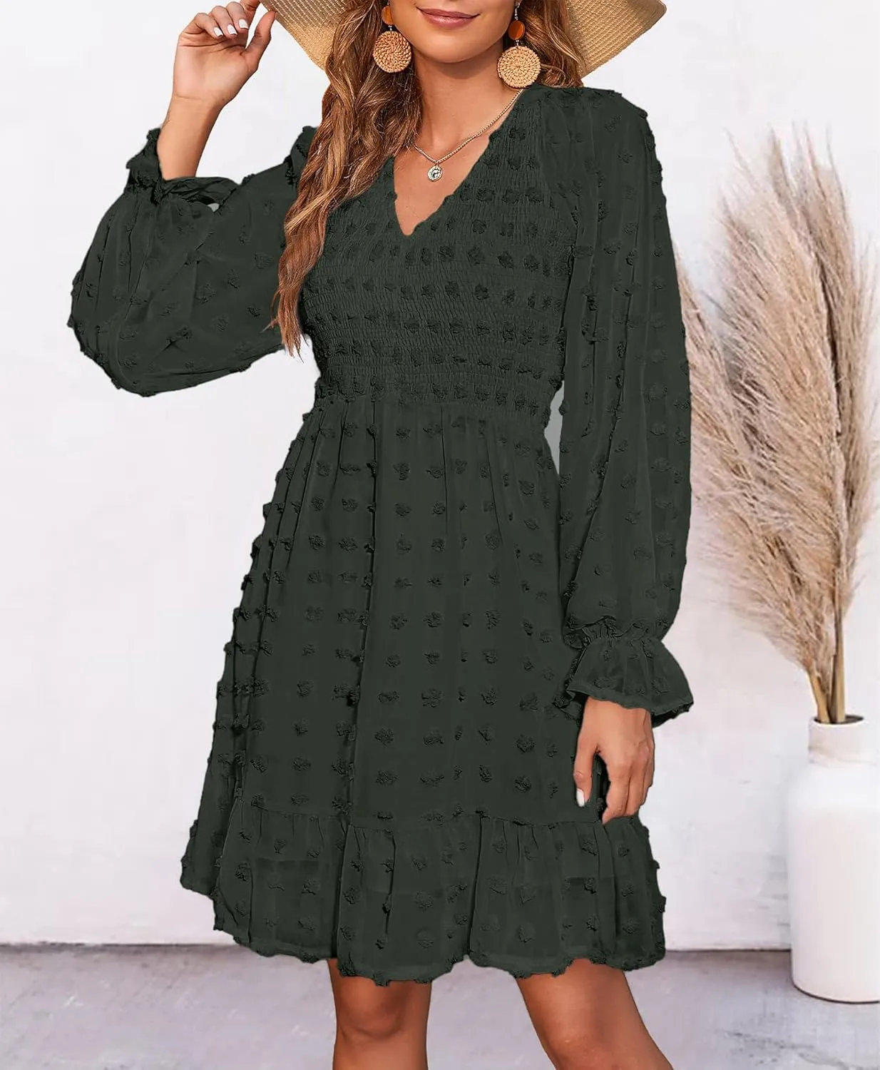 BTFBM Women Smocked Short Dress V Neck Long Sleeve Casual Swiss Dot Ruffle Chiffon Flowy Mini Summer Spring Dresses 2025