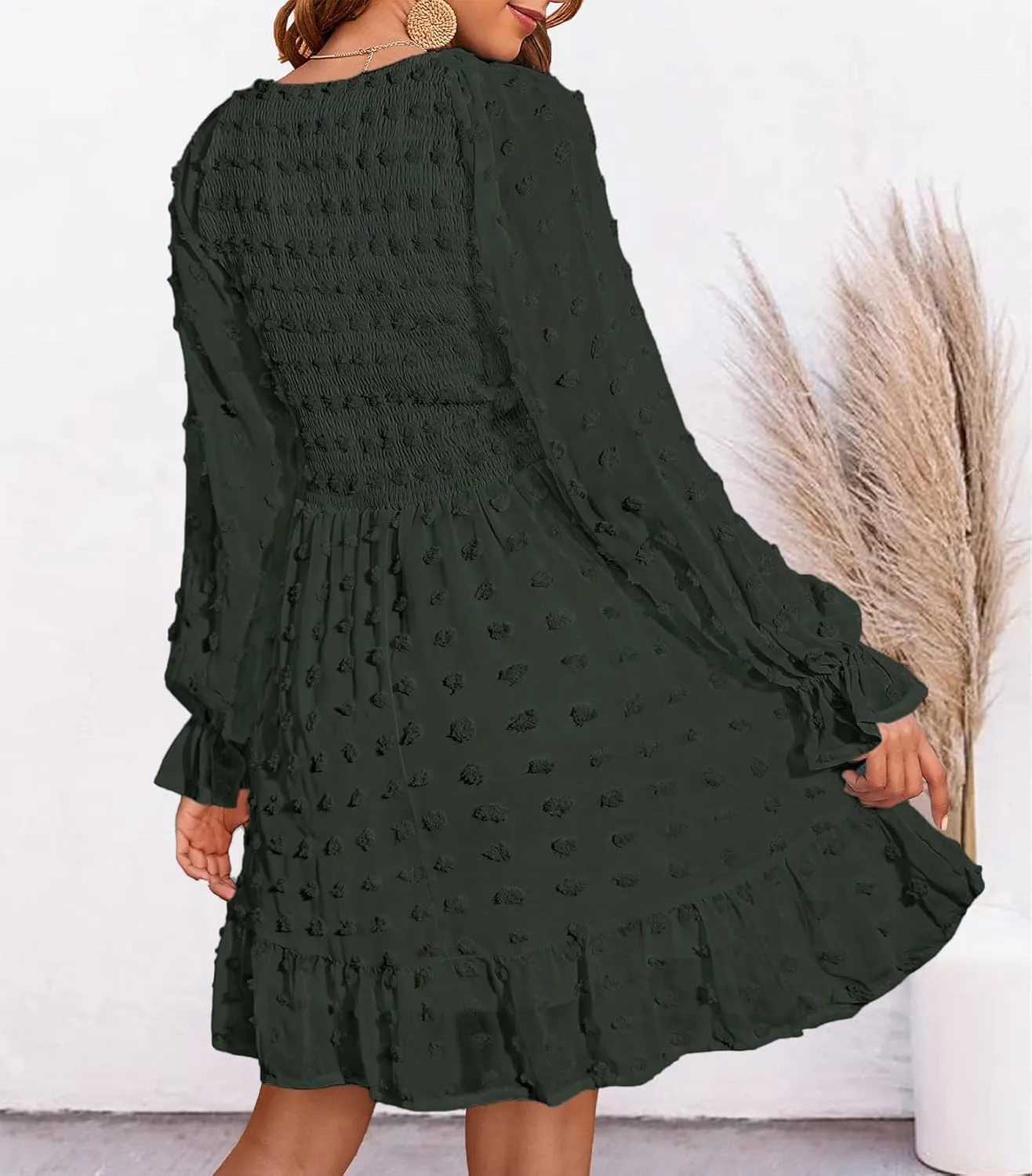 BTFBM Women Smocked Short Dress V Neck Long Sleeve Casual Swiss Dot Ruffle Chiffon Flowy Mini Summer Spring Dresses 2025