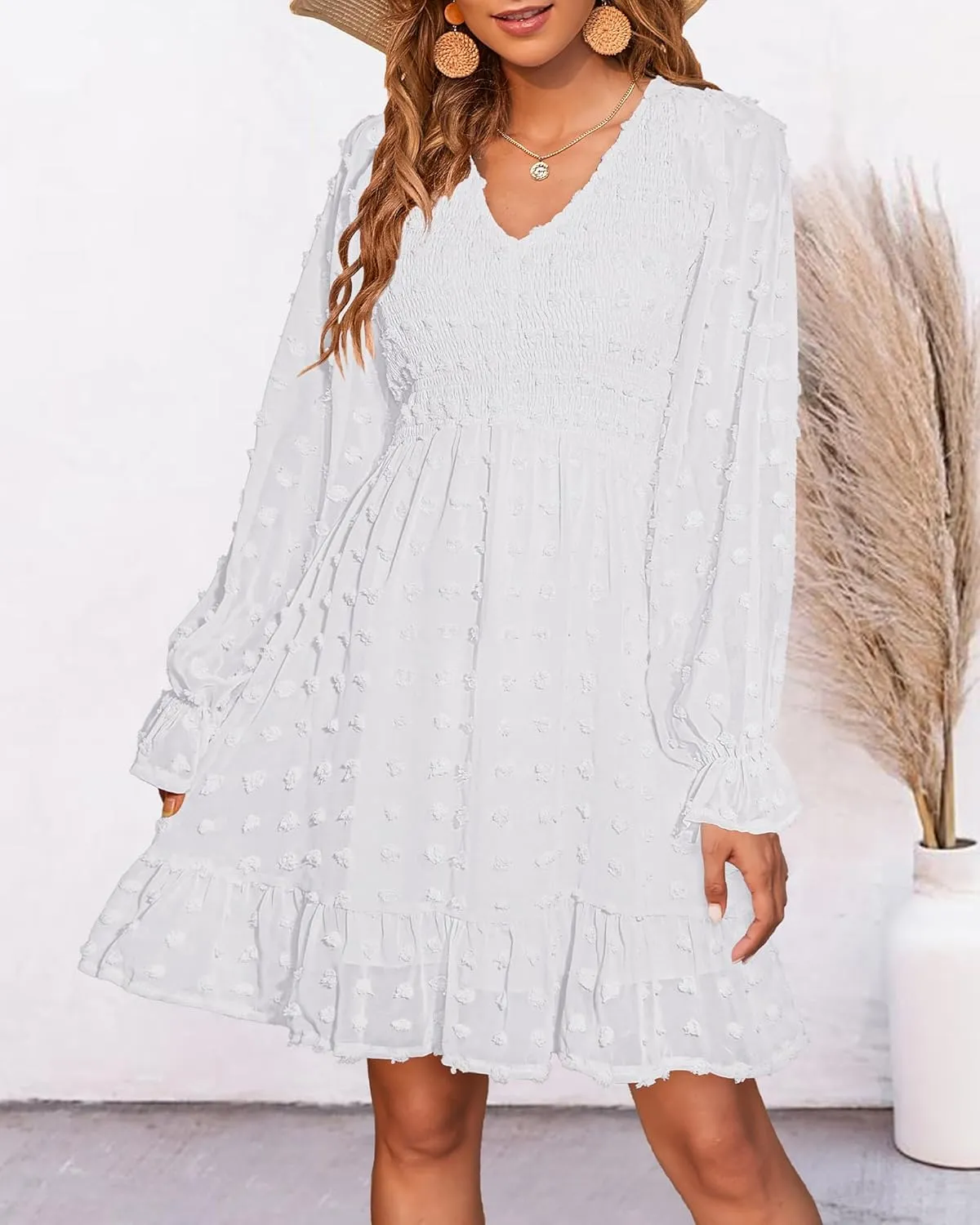 BTFBM Women Smocked Short Dress V Neck Long Sleeve Casual Swiss Dot Ruffle Chiffon Flowy Mini Summer Spring Dresses 2025