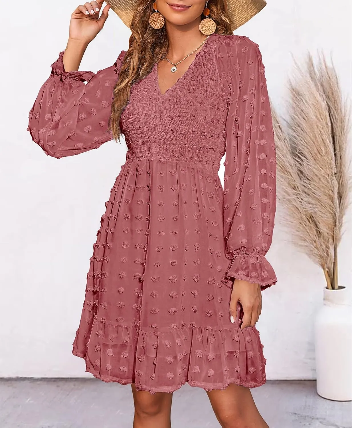 BTFBM Women Smocked Short Dress V Neck Long Sleeve Casual Swiss Dot Ruffle Chiffon Flowy Mini Summer Spring Dresses 2025