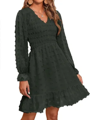 BTFBM Women Smocked Short Dress V Neck Long Sleeve Casual Swiss Dot Ruffle Chiffon Flowy Mini Summer Spring Dresses 2025