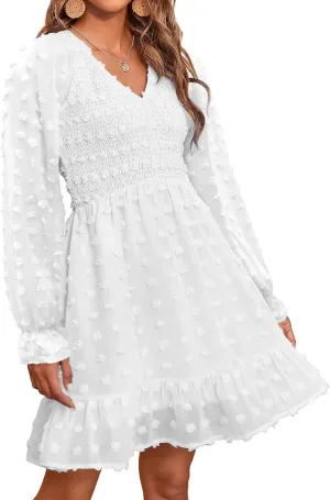 BTFBM Women Smocked Short Dress V Neck Long Sleeve Casual Swiss Dot Ruffle Chiffon Flowy Mini Summer Spring Dresses 2025