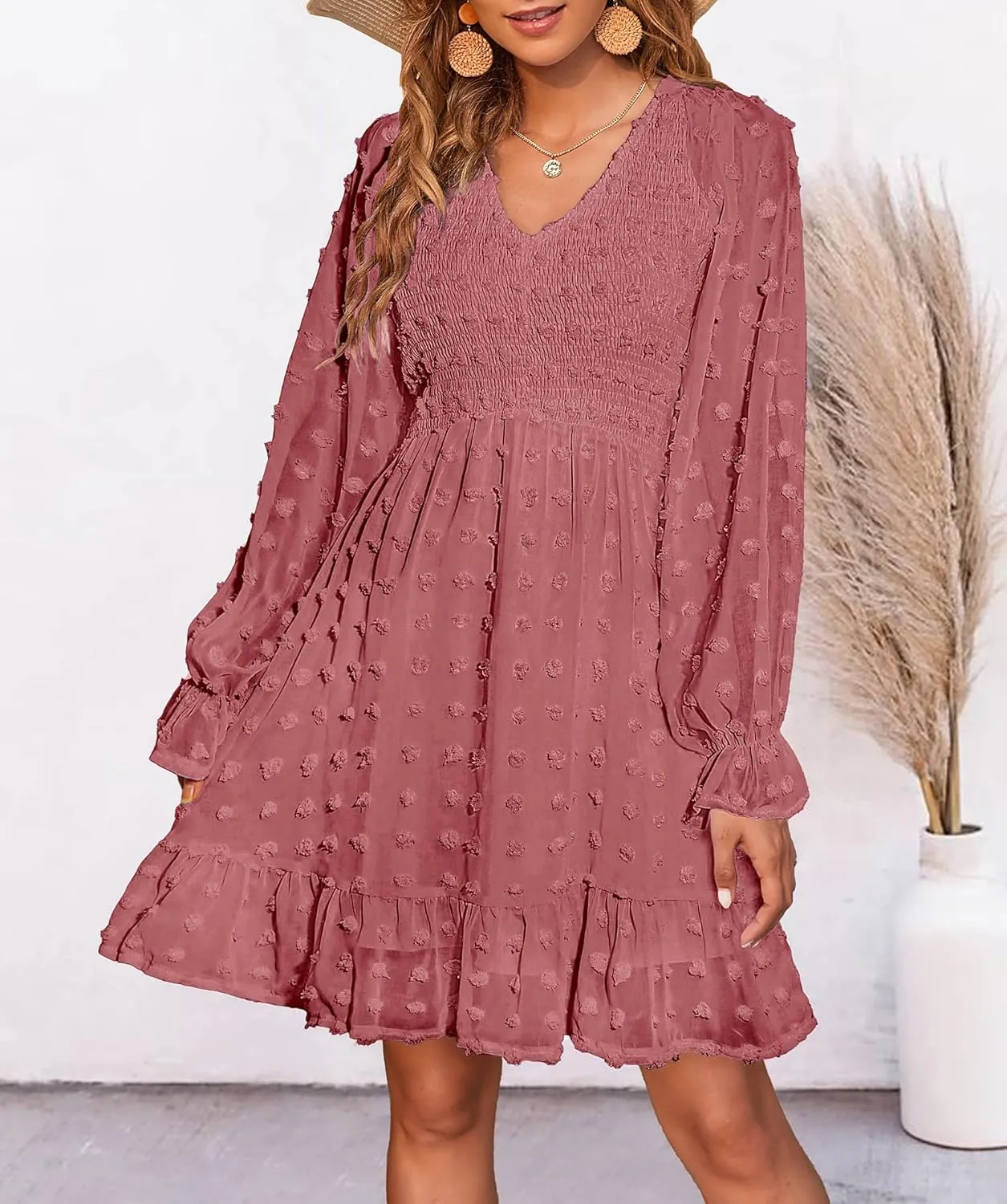 BTFBM Women Smocked Short Dress V Neck Long Sleeve Casual Swiss Dot Ruffle Chiffon Flowy Mini Summer Spring Dresses 2025