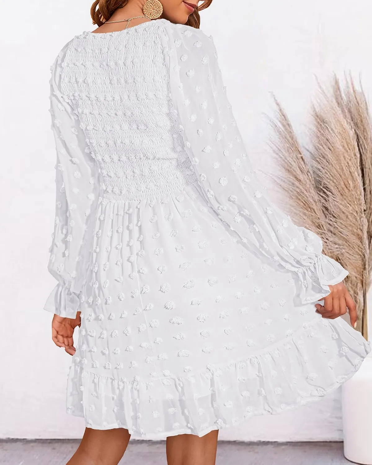 BTFBM Women Smocked Short Dress V Neck Long Sleeve Casual Swiss Dot Ruffle Chiffon Flowy Mini Summer Spring Dresses 2025