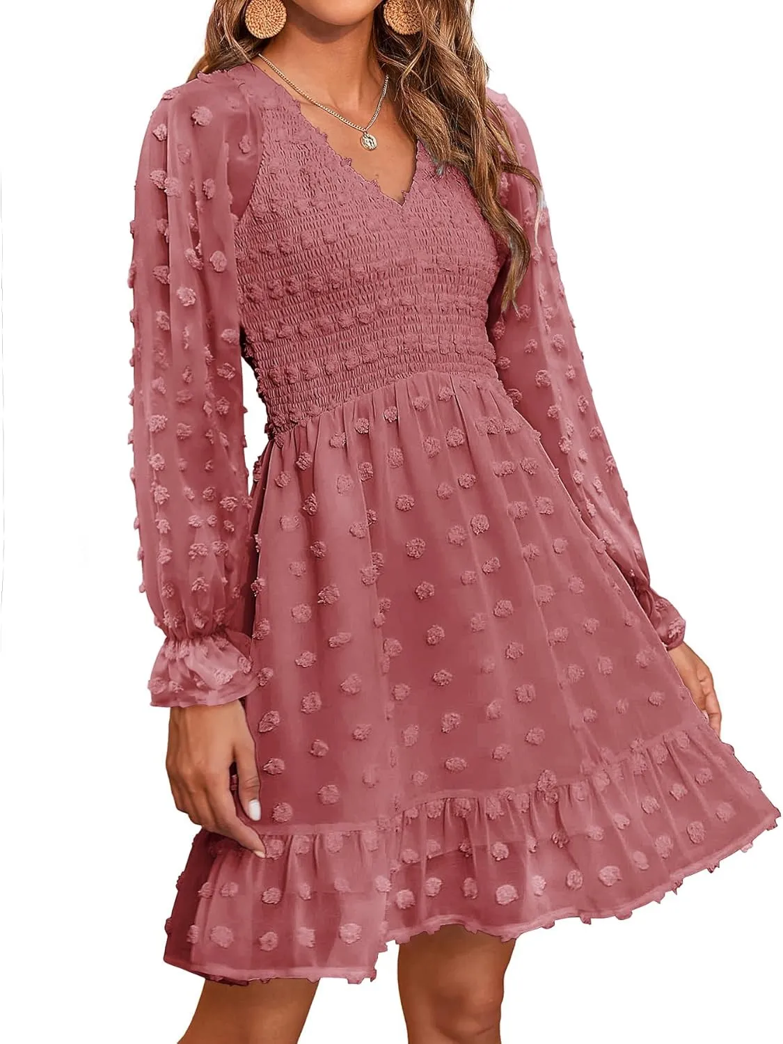 BTFBM Women Smocked Short Dress V Neck Long Sleeve Casual Swiss Dot Ruffle Chiffon Flowy Mini Summer Spring Dresses 2025