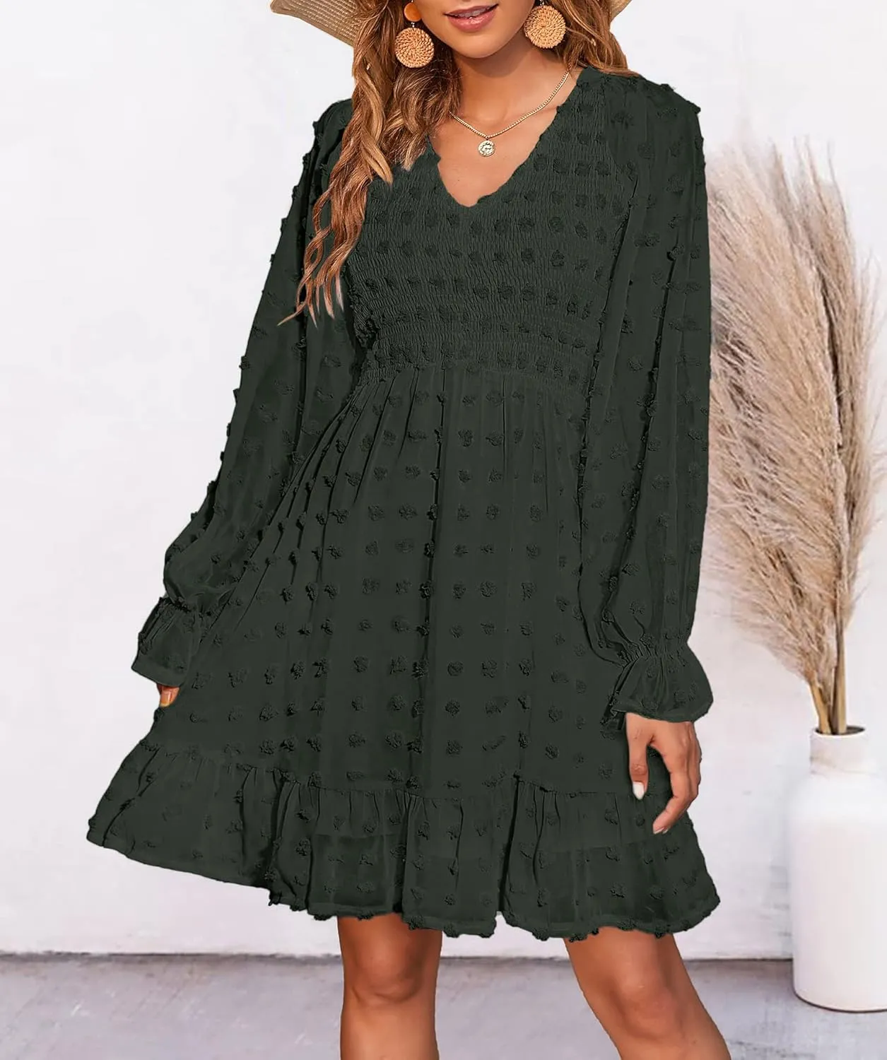 BTFBM Women Smocked Short Dress V Neck Long Sleeve Casual Swiss Dot Ruffle Chiffon Flowy Mini Summer Spring Dresses 2025