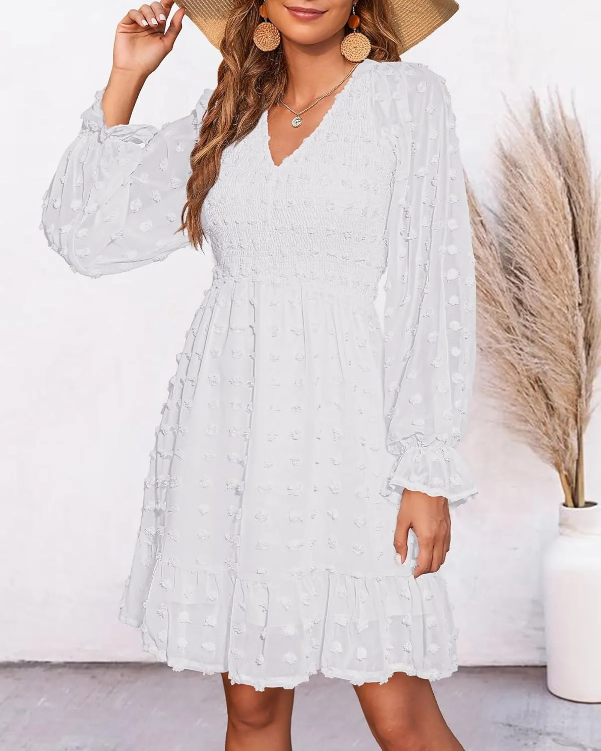 BTFBM Women Smocked Short Dress V Neck Long Sleeve Casual Swiss Dot Ruffle Chiffon Flowy Mini Summer Spring Dresses 2025