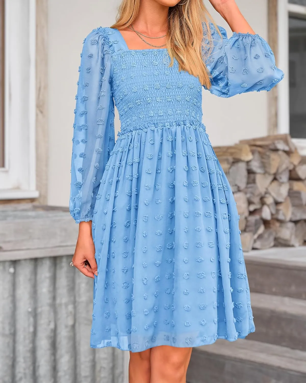 BTFBM Women Square Neck Smocked Dresses 2025 Summer Spring Long Sleeve Floral Swiss Dot Mini Boho Wedding Guest Dress