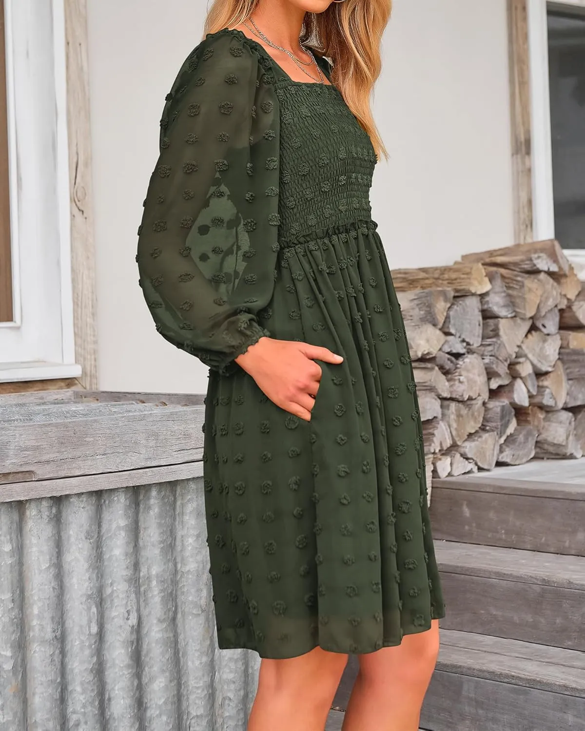 BTFBM Women Square Neck Smocked Dresses 2025 Summer Spring Long Sleeve Floral Swiss Dot Mini Boho Wedding Guest Dress