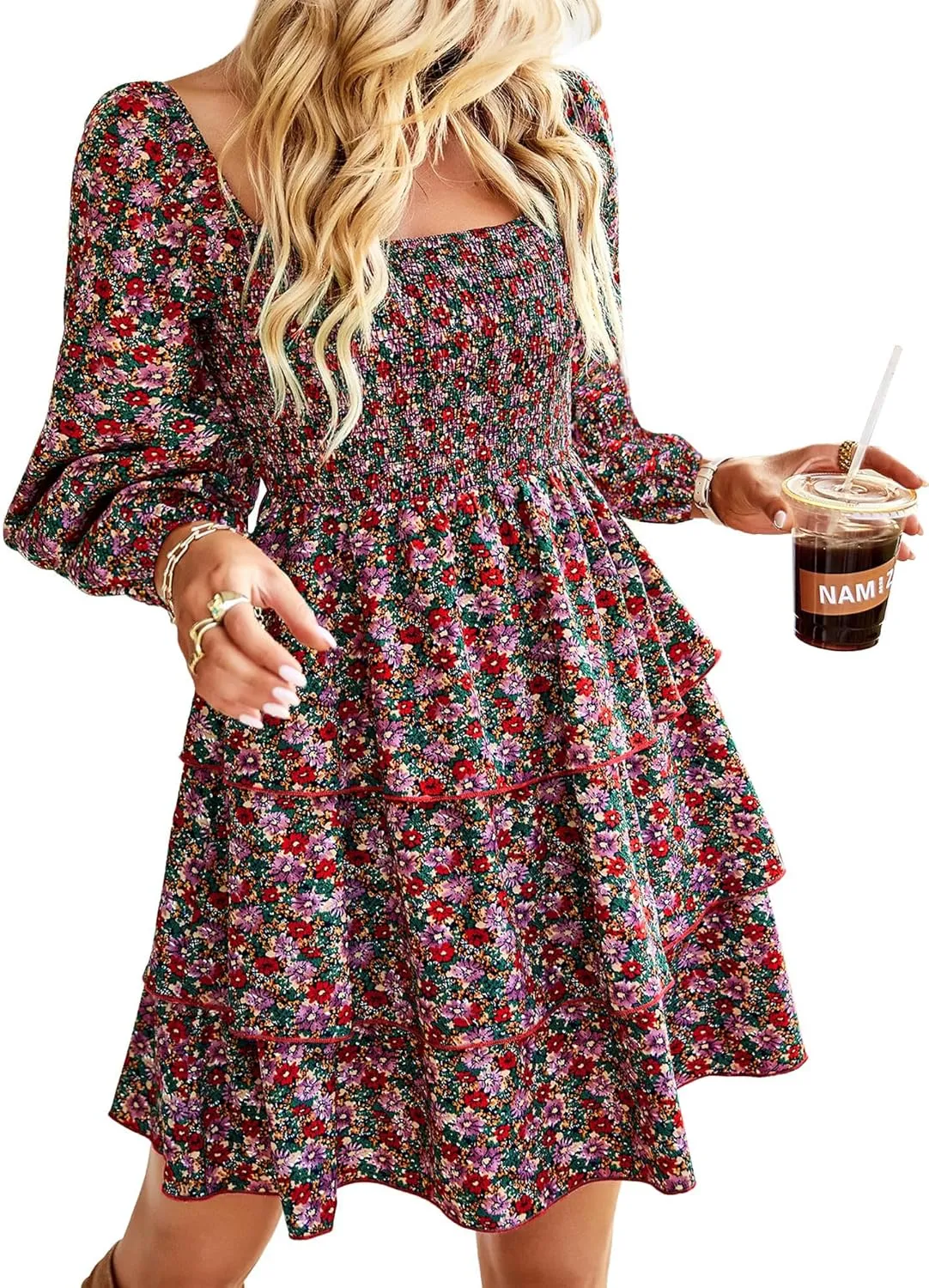 BTFBM Women Square Neck Smocked Dresses 2025 Summer Spring Long Sleeve Floral Swiss Dot Mini Boho Wedding Guest Dress