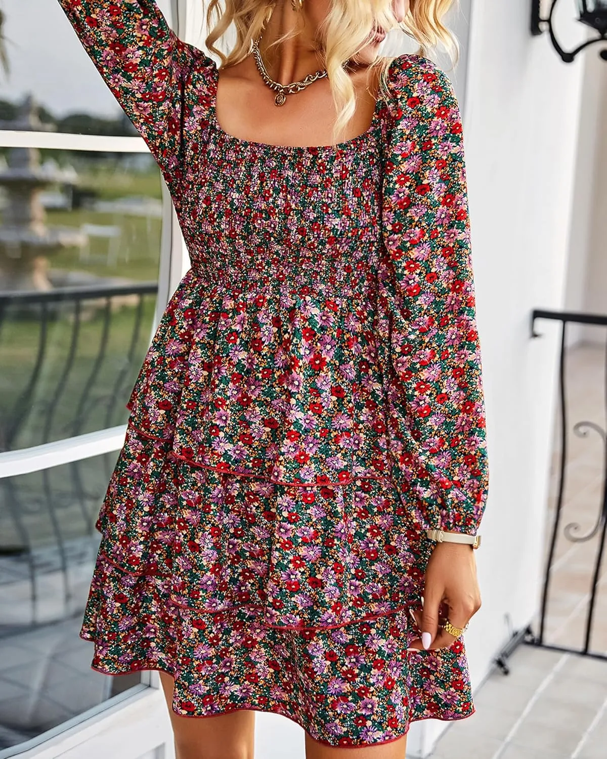 BTFBM Women Square Neck Smocked Dresses 2025 Summer Spring Long Sleeve Floral Swiss Dot Mini Boho Wedding Guest Dress