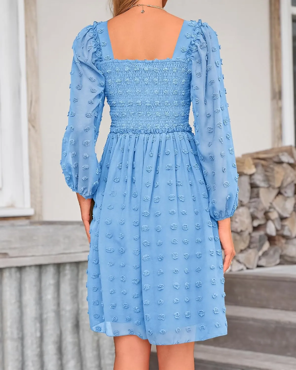 BTFBM Women Square Neck Smocked Dresses 2025 Summer Spring Long Sleeve Floral Swiss Dot Mini Boho Wedding Guest Dress