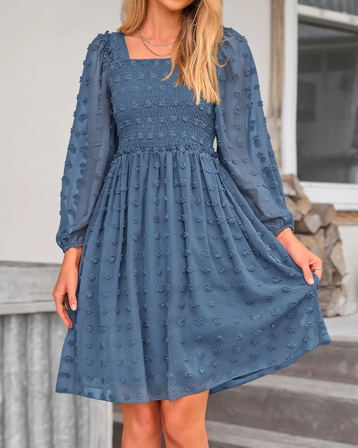 BTFBM Women Square Neck Smocked Dresses 2025 Summer Spring Long Sleeve Floral Swiss Dot Mini Boho Wedding Guest Dress