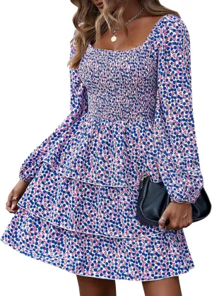 BTFBM Women Square Neck Smocked Dresses 2025 Summer Spring Long Sleeve Floral Swiss Dot Mini Boho Wedding Guest Dress