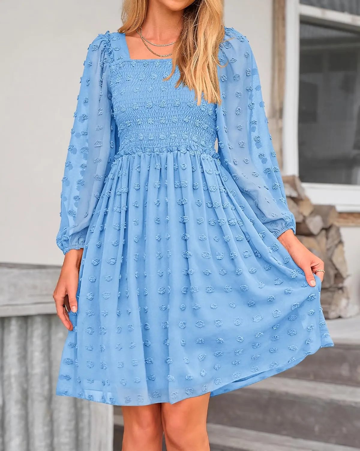 BTFBM Women Square Neck Smocked Dresses 2025 Summer Spring Long Sleeve Floral Swiss Dot Mini Boho Wedding Guest Dress