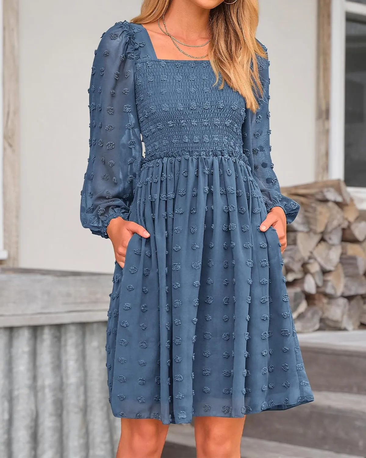 BTFBM Women Square Neck Smocked Dresses 2025 Summer Spring Long Sleeve Floral Swiss Dot Mini Boho Wedding Guest Dress