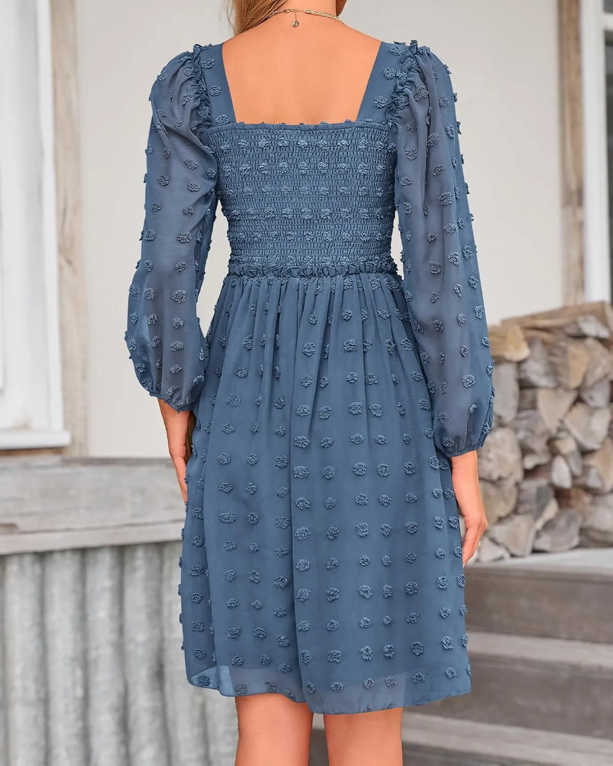 BTFBM Women Square Neck Smocked Dresses 2025 Summer Spring Long Sleeve Floral Swiss Dot Mini Boho Wedding Guest Dress