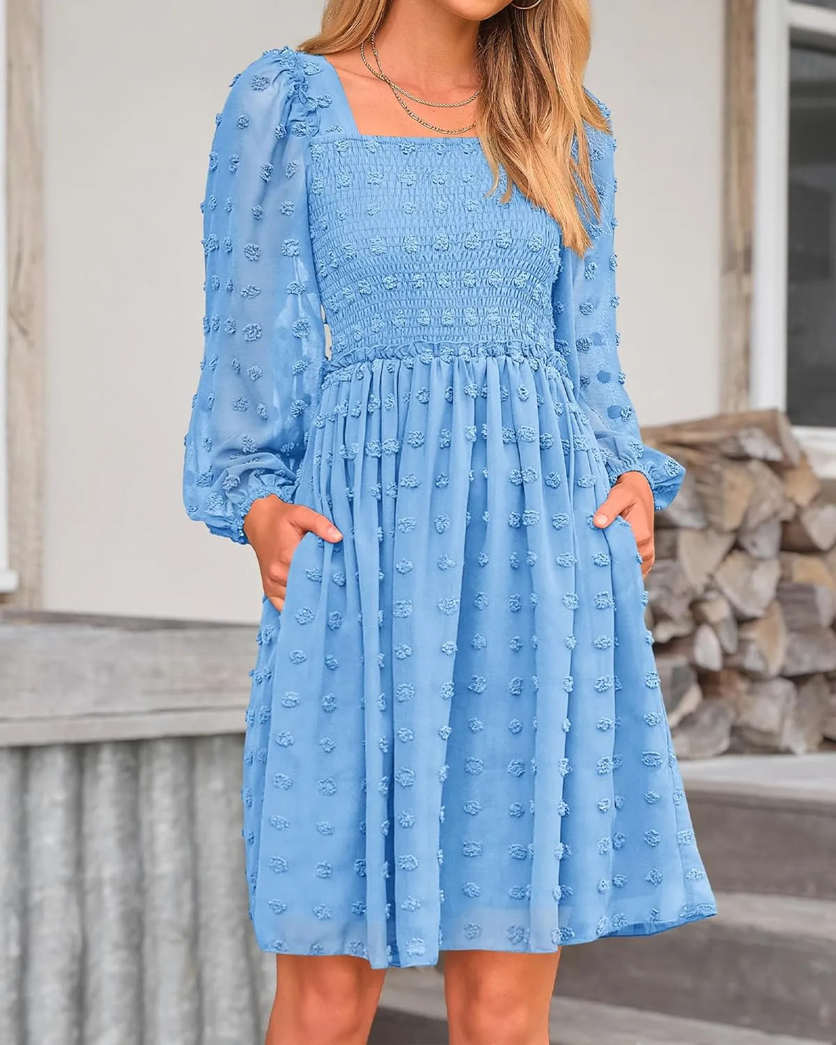 BTFBM Women Square Neck Smocked Dresses 2025 Summer Spring Long Sleeve Floral Swiss Dot Mini Boho Wedding Guest Dress
