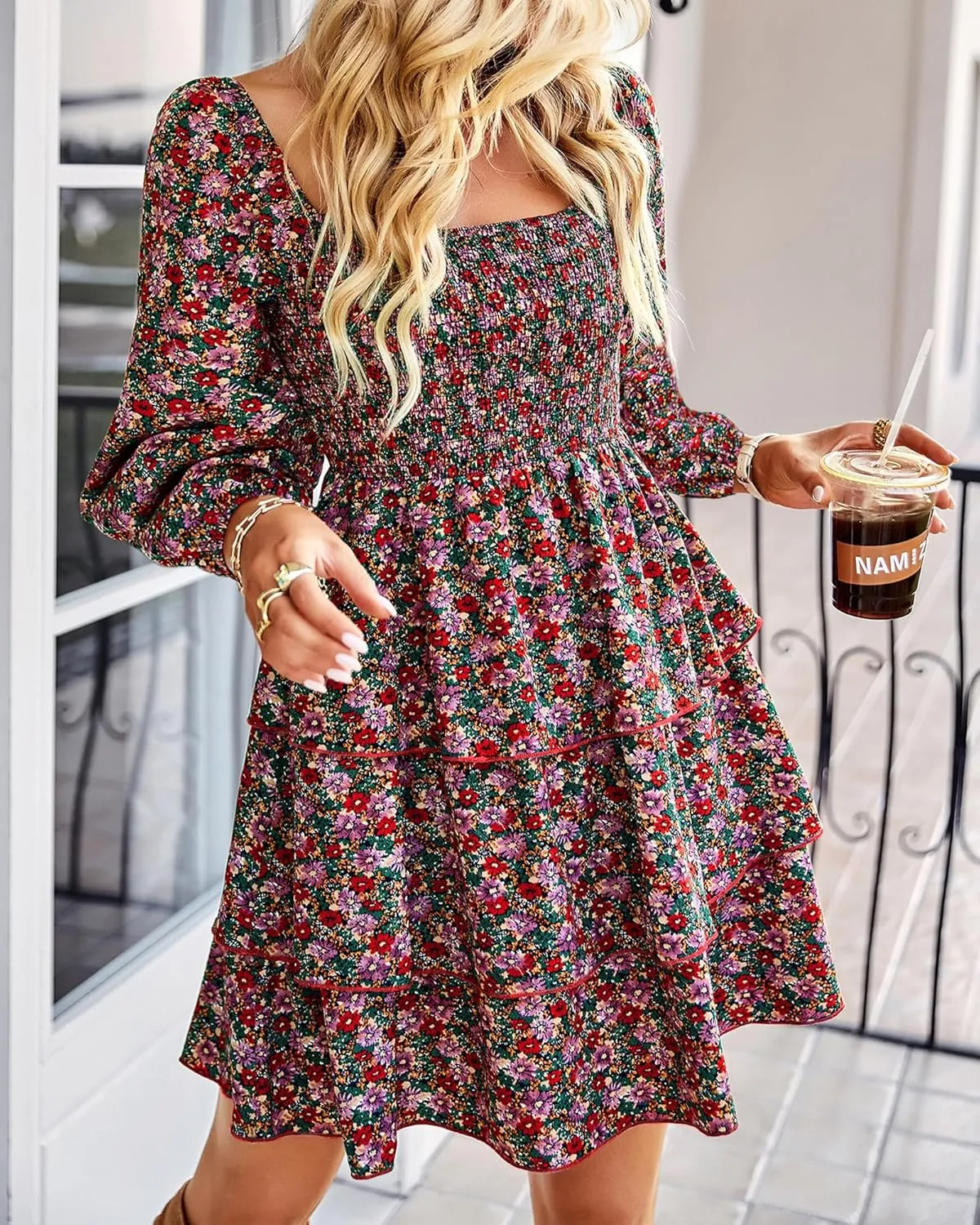 BTFBM Women Square Neck Smocked Dresses 2025 Summer Spring Long Sleeve Floral Swiss Dot Mini Boho Wedding Guest Dress