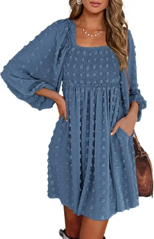 BTFBM Women Square Neck Smocked Dresses 2025 Summer Spring Long Sleeve Floral Swiss Dot Mini Boho Wedding Guest Dress