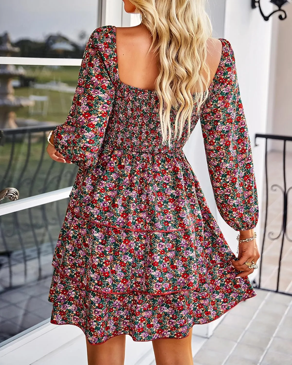 BTFBM Women Square Neck Smocked Dresses 2025 Summer Spring Long Sleeve Floral Swiss Dot Mini Boho Wedding Guest Dress