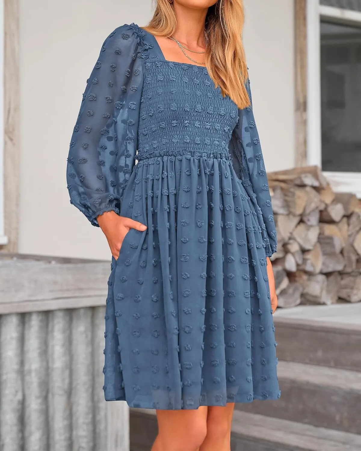 BTFBM Women Square Neck Smocked Dresses 2025 Summer Spring Long Sleeve Floral Swiss Dot Mini Boho Wedding Guest Dress