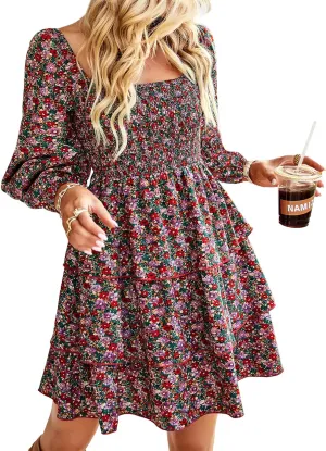 BTFBM Women Square Neck Smocked Dresses 2025 Summer Spring Long Sleeve Floral Swiss Dot Mini Boho Wedding Guest Dress