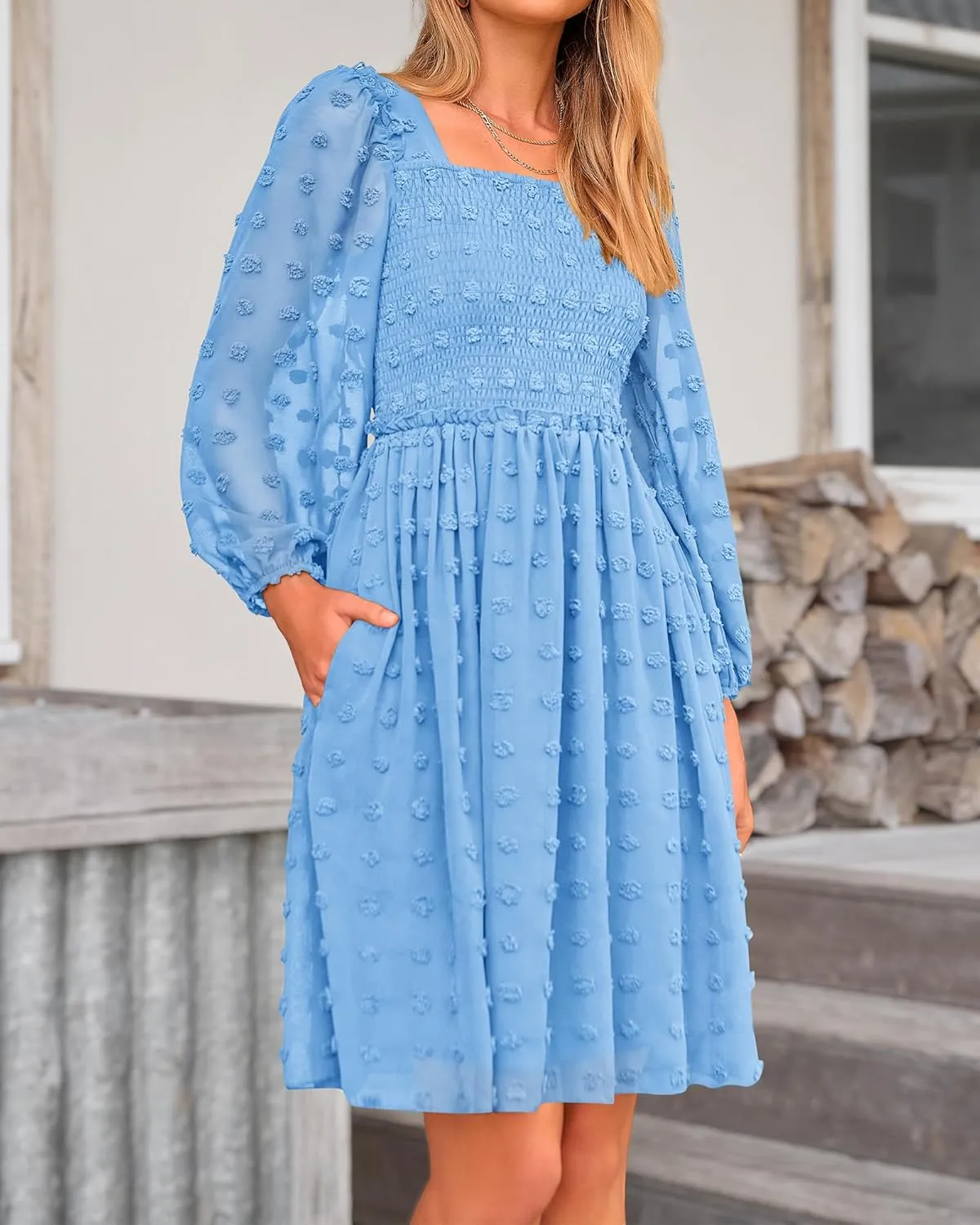 BTFBM Women Square Neck Smocked Dresses 2025 Summer Spring Long Sleeve Floral Swiss Dot Mini Boho Wedding Guest Dress