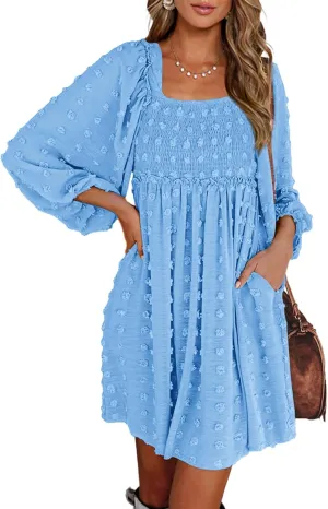 BTFBM Women Square Neck Smocked Dresses 2025 Summer Spring Long Sleeve Floral Swiss Dot Mini Boho Wedding Guest Dress