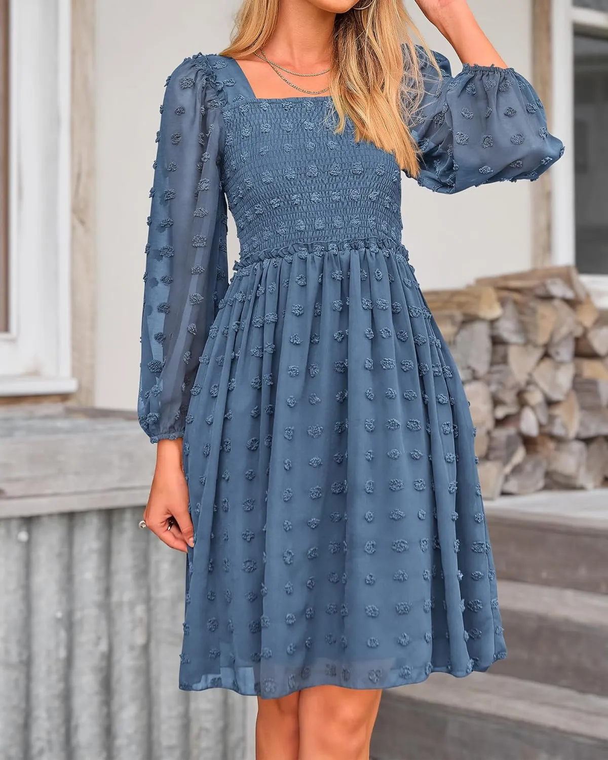 BTFBM Women Square Neck Smocked Dresses 2025 Summer Spring Long Sleeve Floral Swiss Dot Mini Boho Wedding Guest Dress