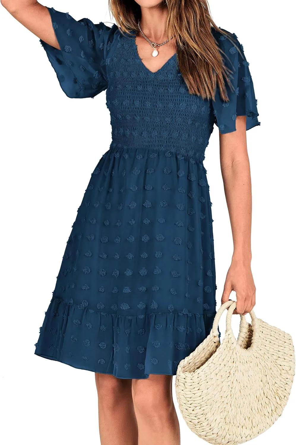 BTFBM Womens Beach Vacation Dress V Neck Short Sleeve Smocked Swiss Dot Casual Ruffle Mini Spring Summer Dresses 2025